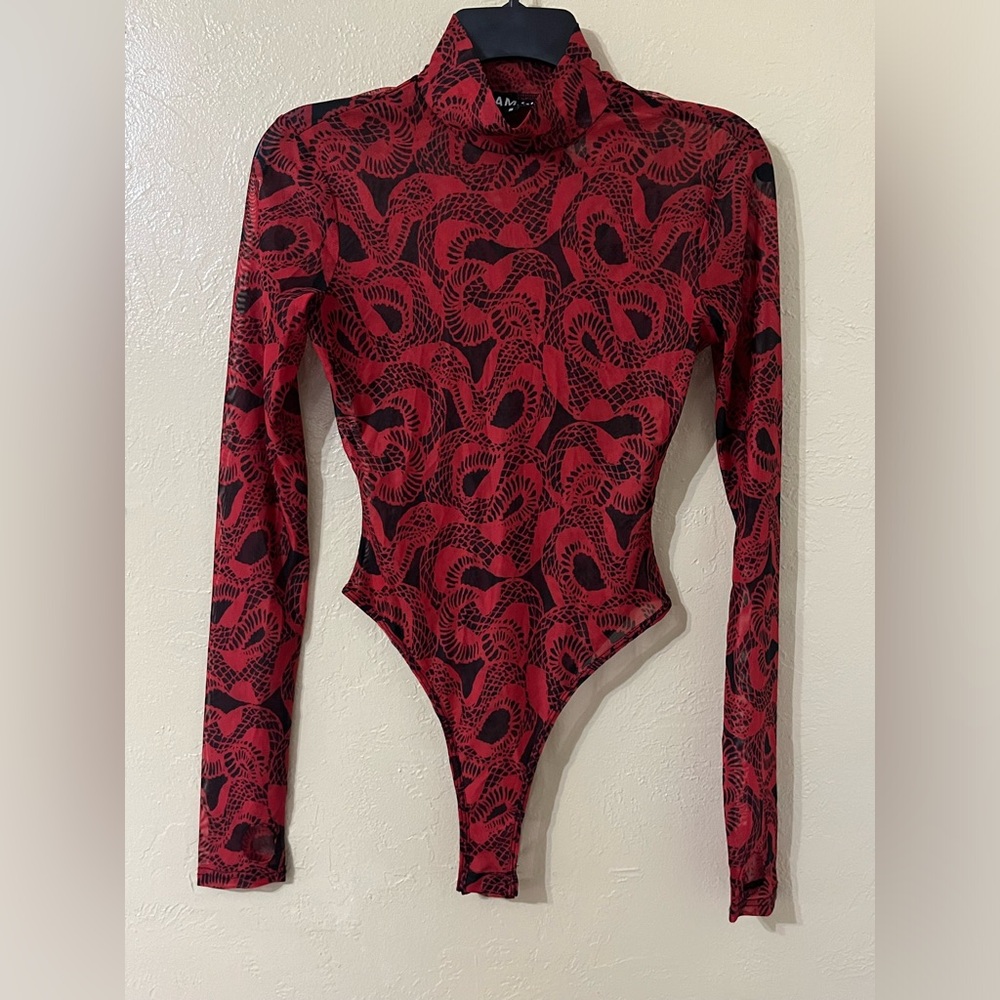 I.AM.GIA Elara Mesh Red Mock Neck Long Sleeve Bodysuit Top Size Small